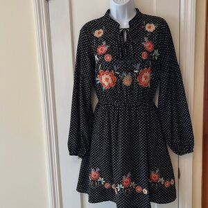 Savanna Jane Embroidered Floral Dress‎ Polka Dot Women SM Boho Country Cottage